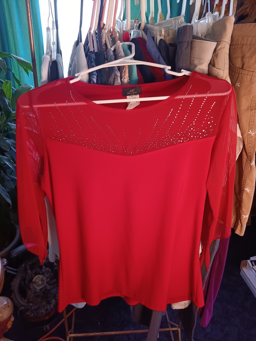 Michel Studio Red Mesh-Sleeve Top with Rhinestone Burst